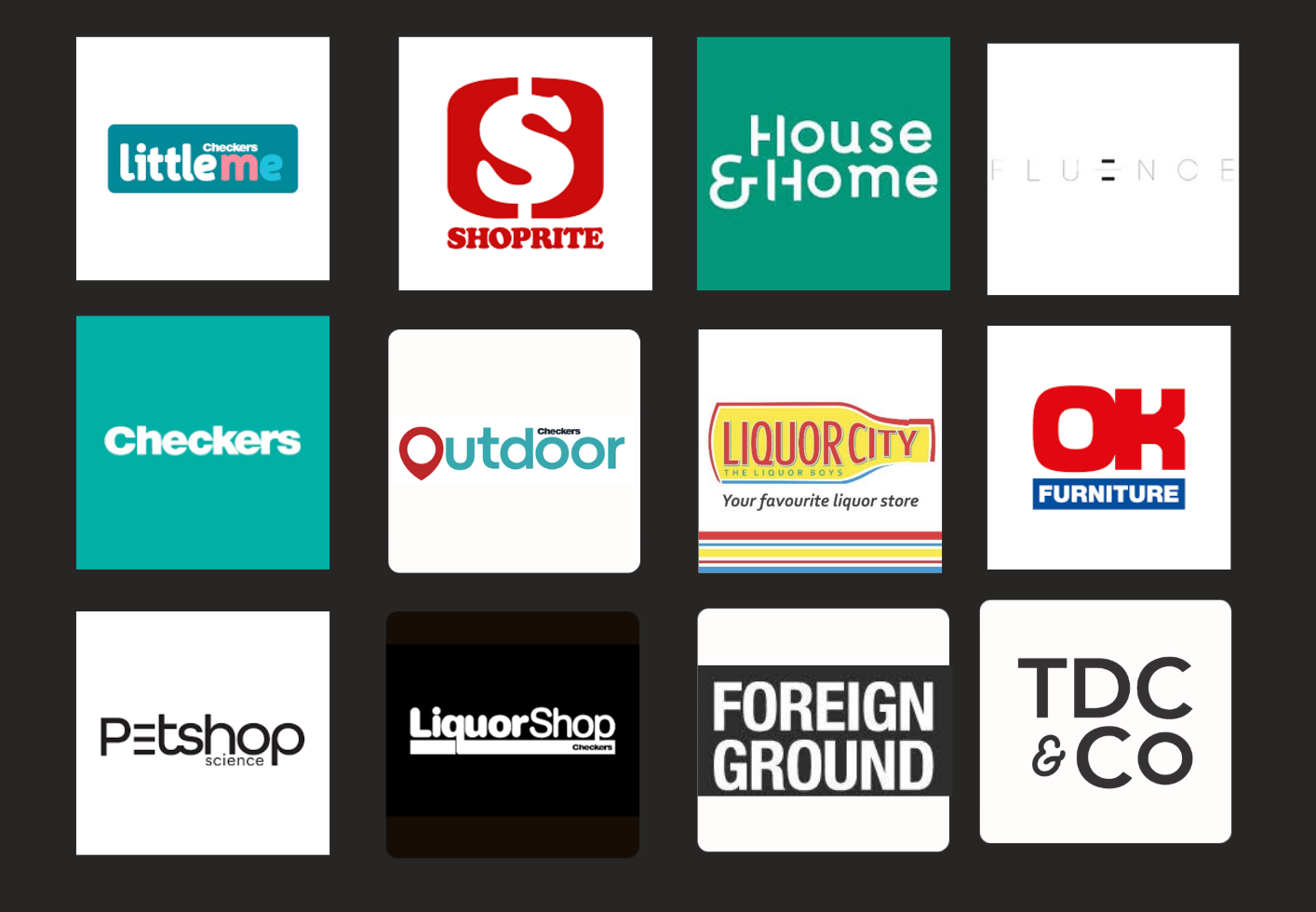 Palmer & Co client logos: Shoprite, Checkers, House & Home, Fluence, Outdoor, Liquor City, OK Furniture, Petshop Science, LiquorShop, Foreign Ground, TDC & Co, Little Me